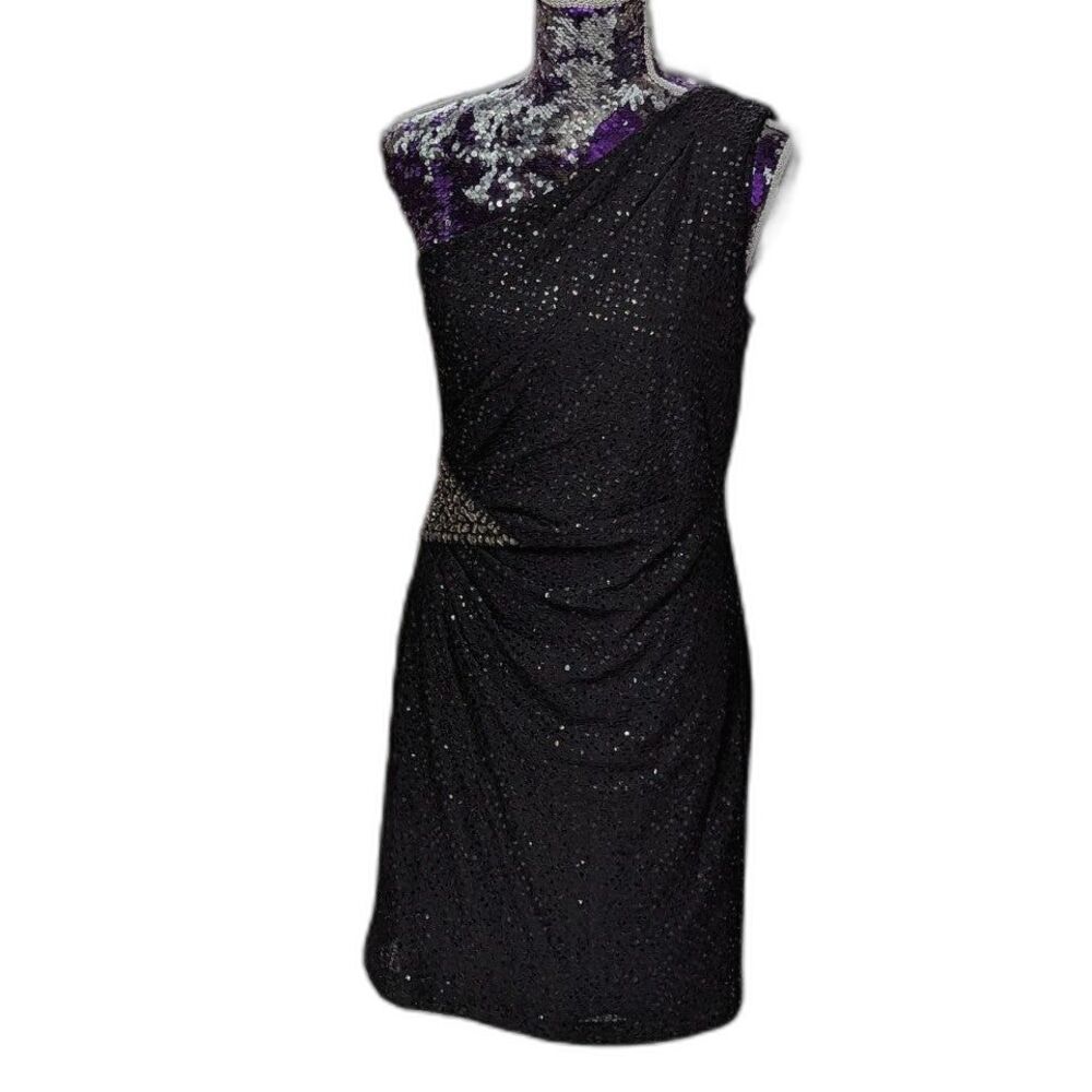 VTG Black One Shoulder Sequin Dress Size‎ 10 Old Money Glam Night Out Chic